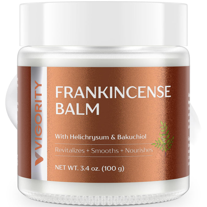Vigority frankincense balm jar front view showing sleek packaging and nourishing benefit