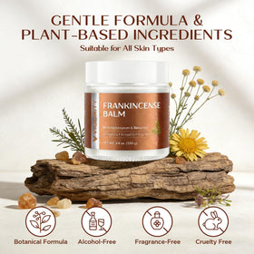 Vigority frankincense balm on bathroom counter lifestyle scene showing everyday care benefit