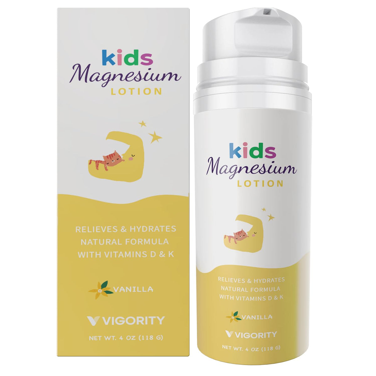 Vigority front packaging bottle showing calming vanilla scent and bedtime lotion benefits