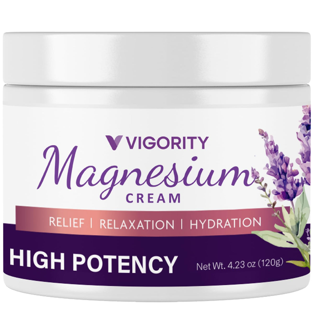 Vigority front packaging showing calming magnesium lotion and lavender benefit