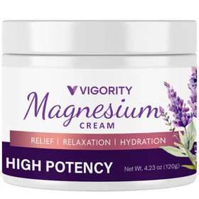 Vigority front packaging showing calming magnesium lotion and lavender benefit
