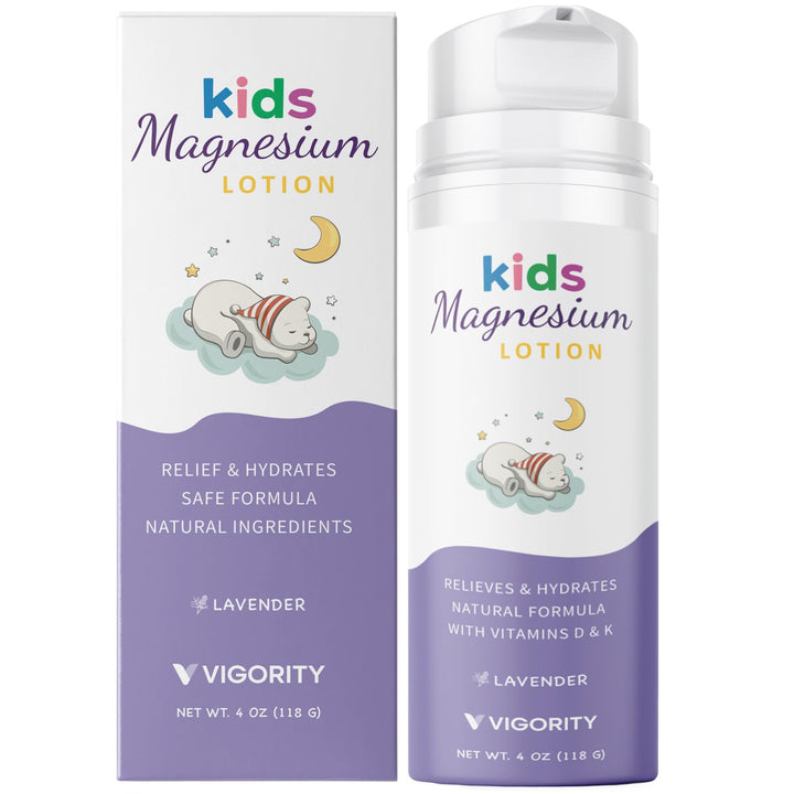 Vigority front packaging showing magnesium lotion and calming benefits