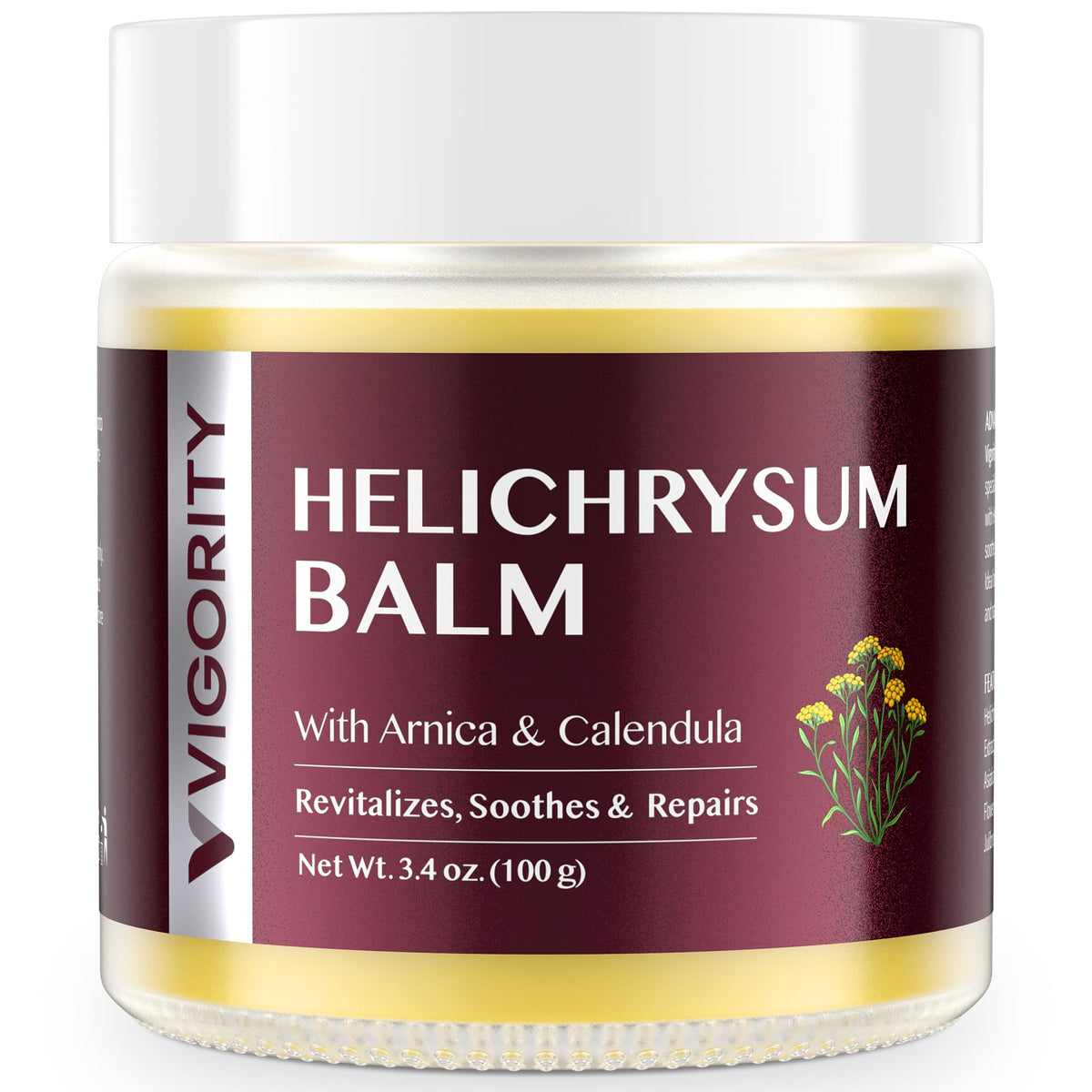 Vigority jar front view showing product and soothing balm benefits