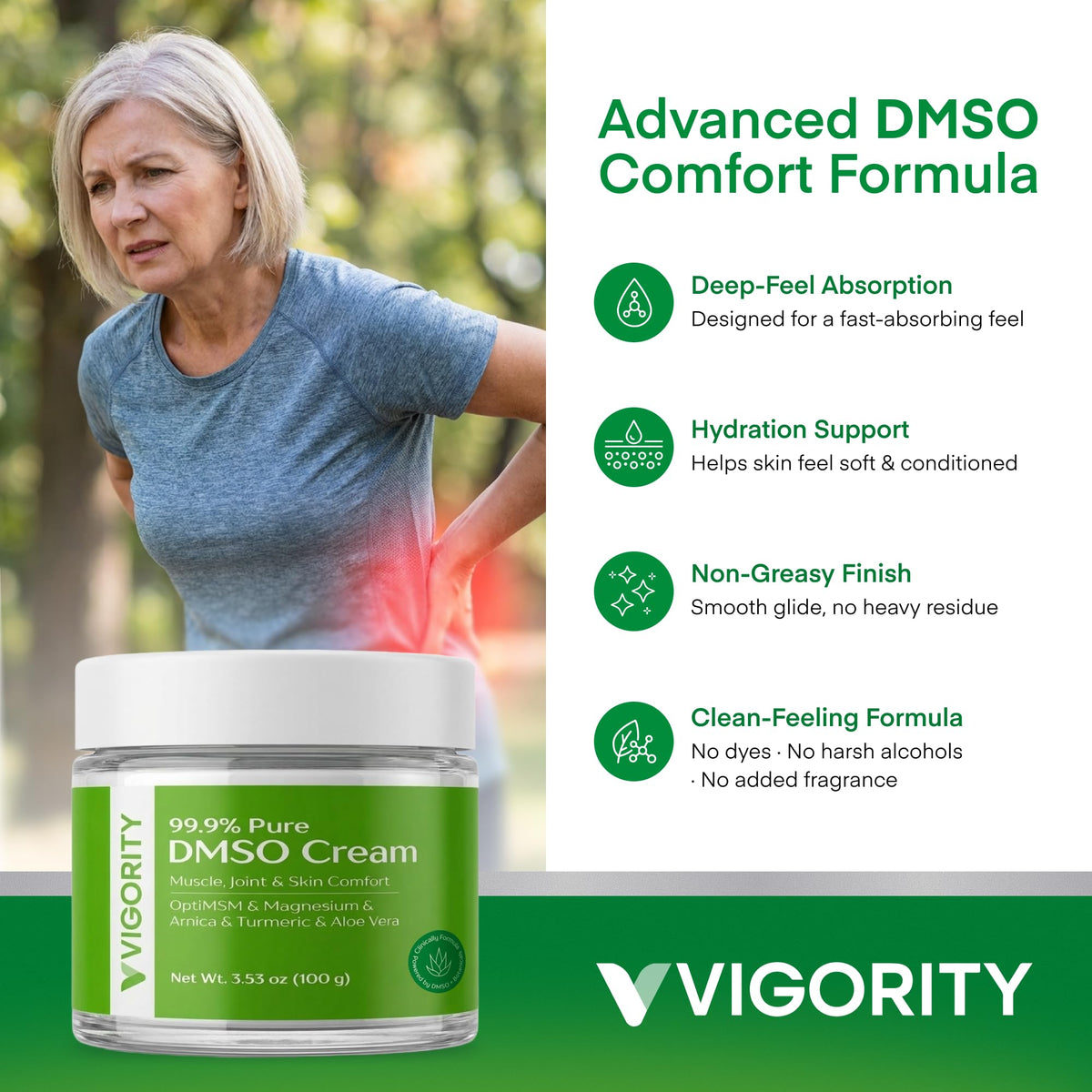 Vigority product label close-up highlighting DMSO base and botanical ingredient transparency