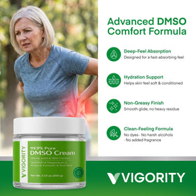 Vigority product label close-up highlighting DMSO base and botanical ingredient transparency