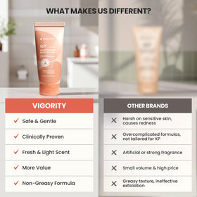 Vigority scrub on bathroom shelf styled to evoke a calming spa routine