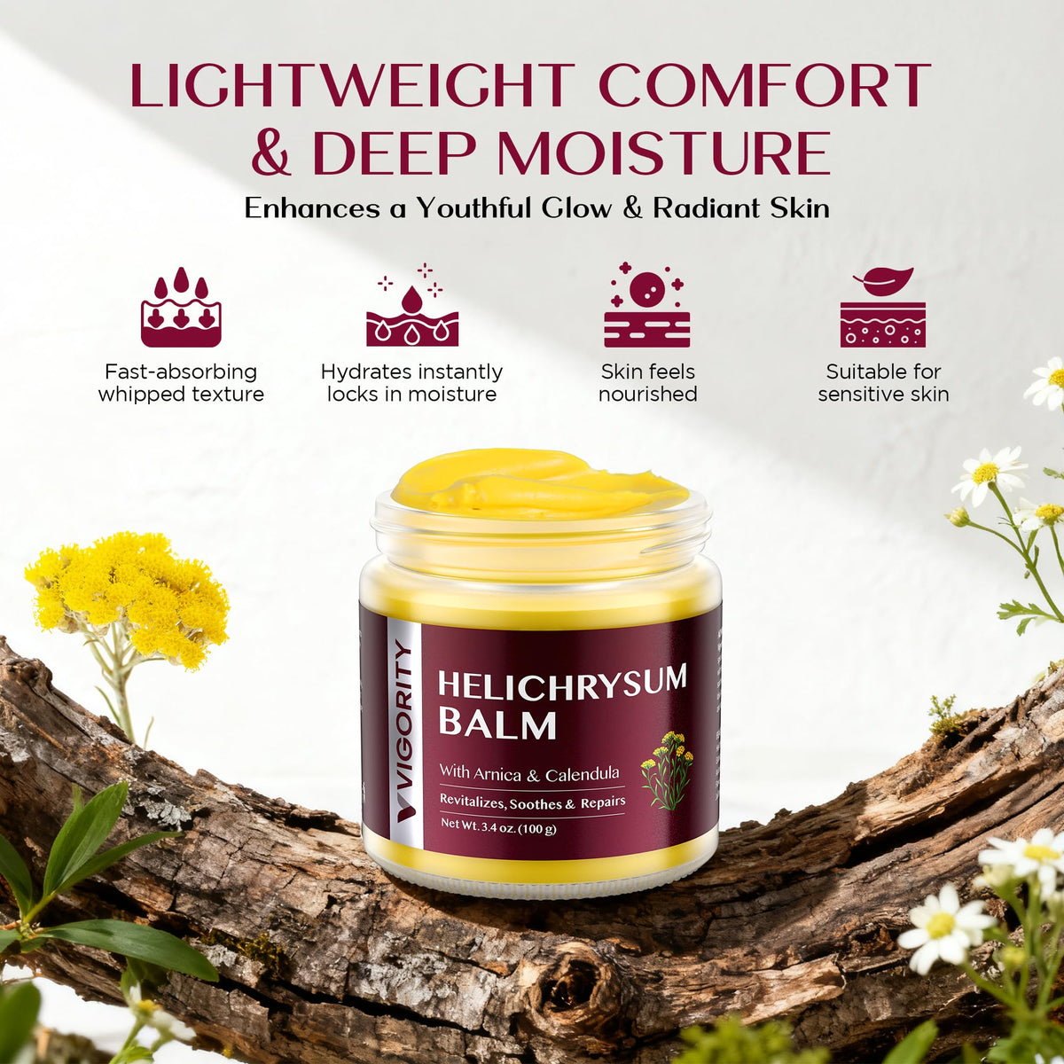 Vigority balm on bedside table in lifestyle setting showing night care use