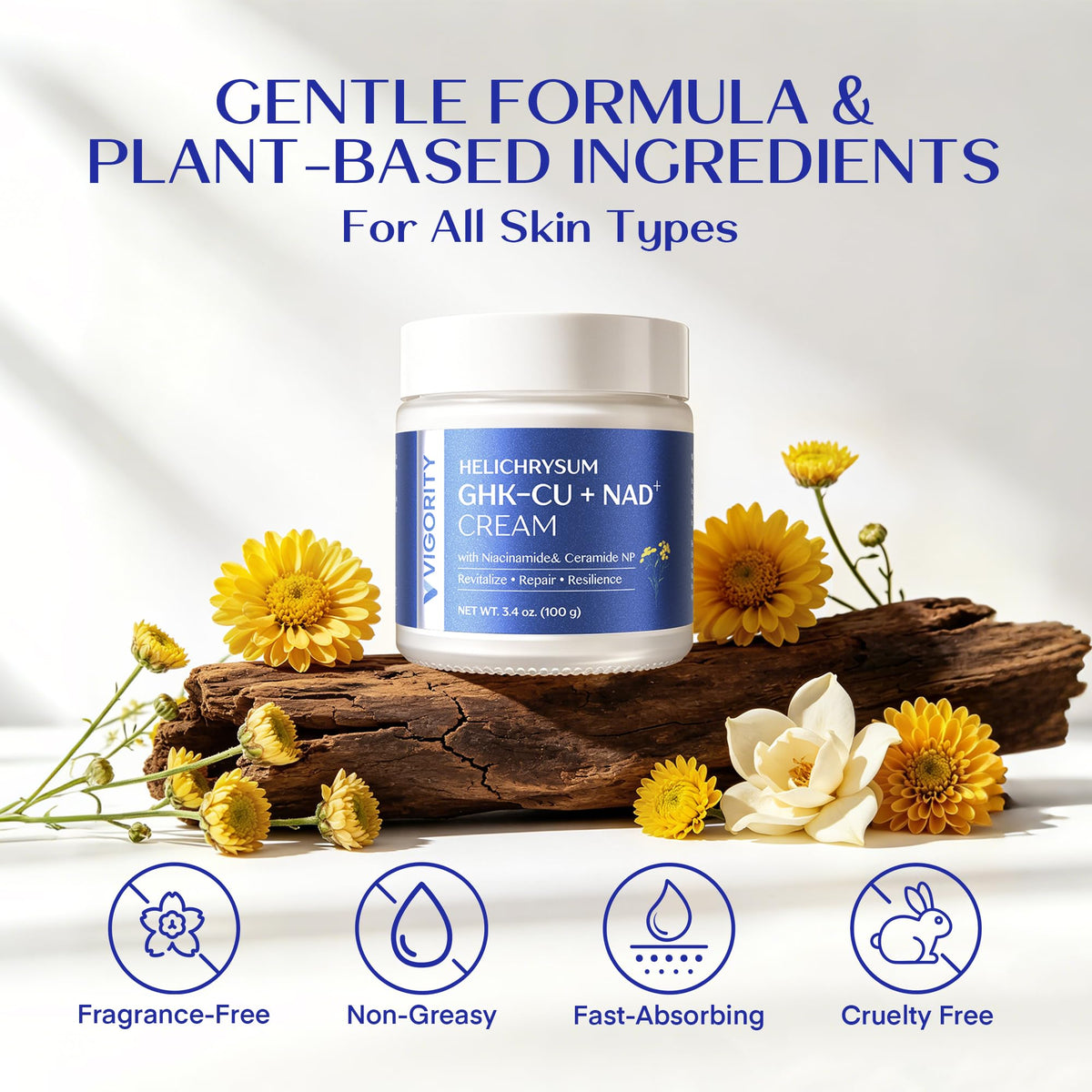Vigority cream on bedside table in nighttime routine scene for restorative ritual benefit
