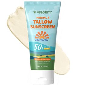 Vigority front packaging showing SPF 50 bottle and clear labeling benefit