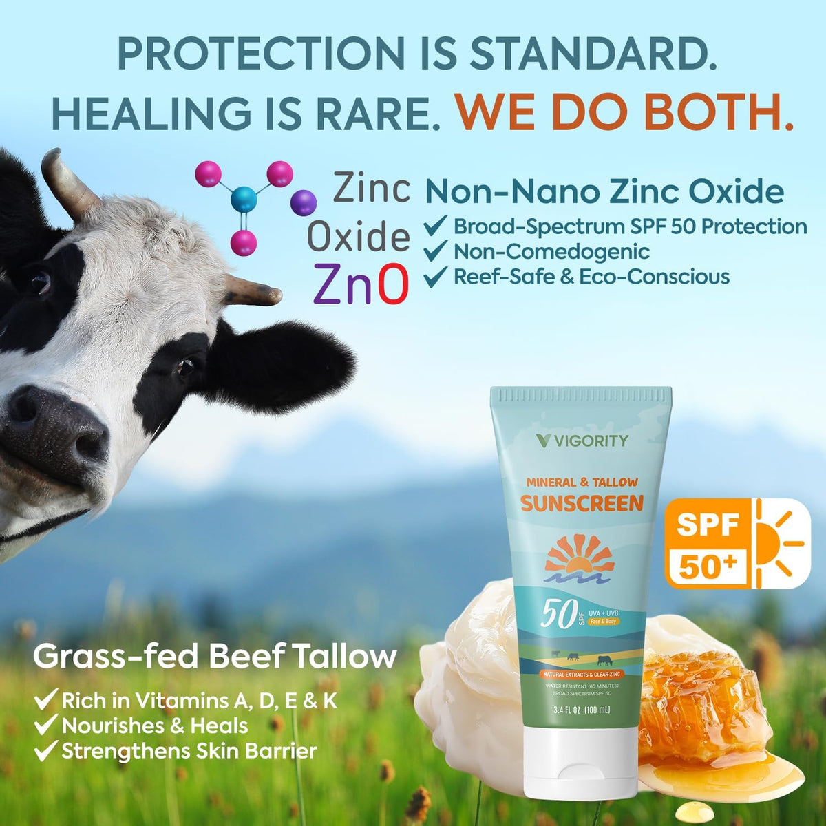 Vigority ingredient display with grass-fed tallow jar highlighting nourishment
