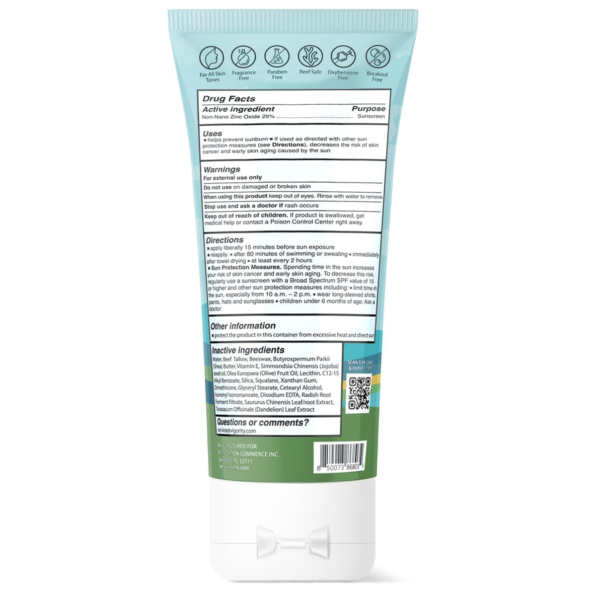 Vigority label close-up showing non-nano zinc oxide and clean ingredient list