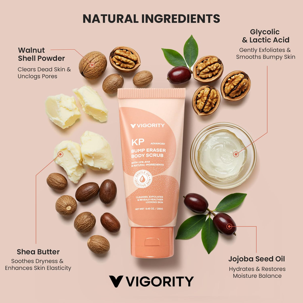Vigority hand applying scrub in shower demonstrating effective smoothing action