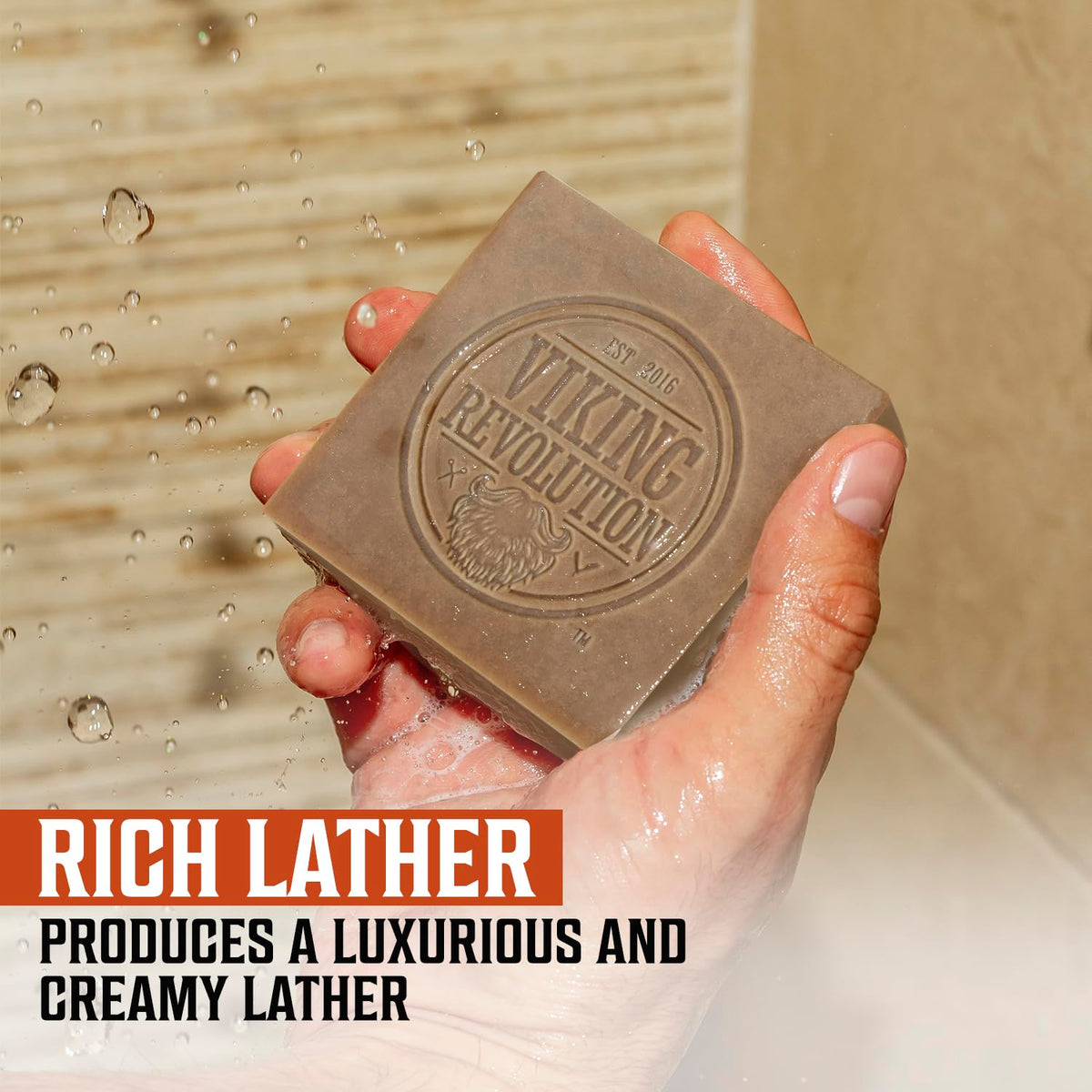 Viking Revolution bar in shower setting delivering a woodsy fresh scent for everyday use