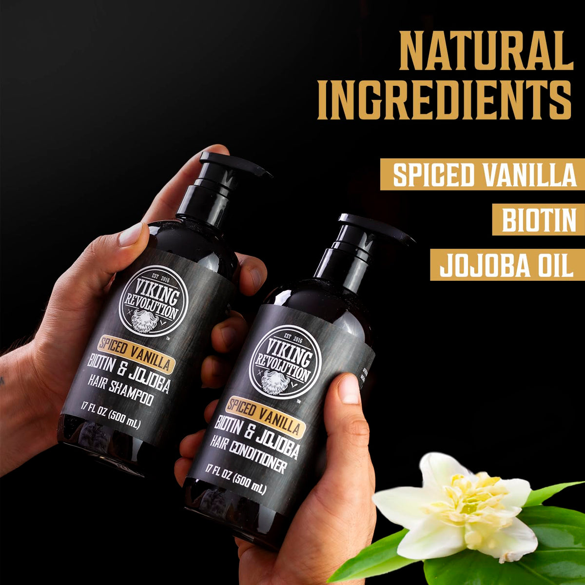 Viking Revolution close label showing biotin and jojoba ingredients for strength