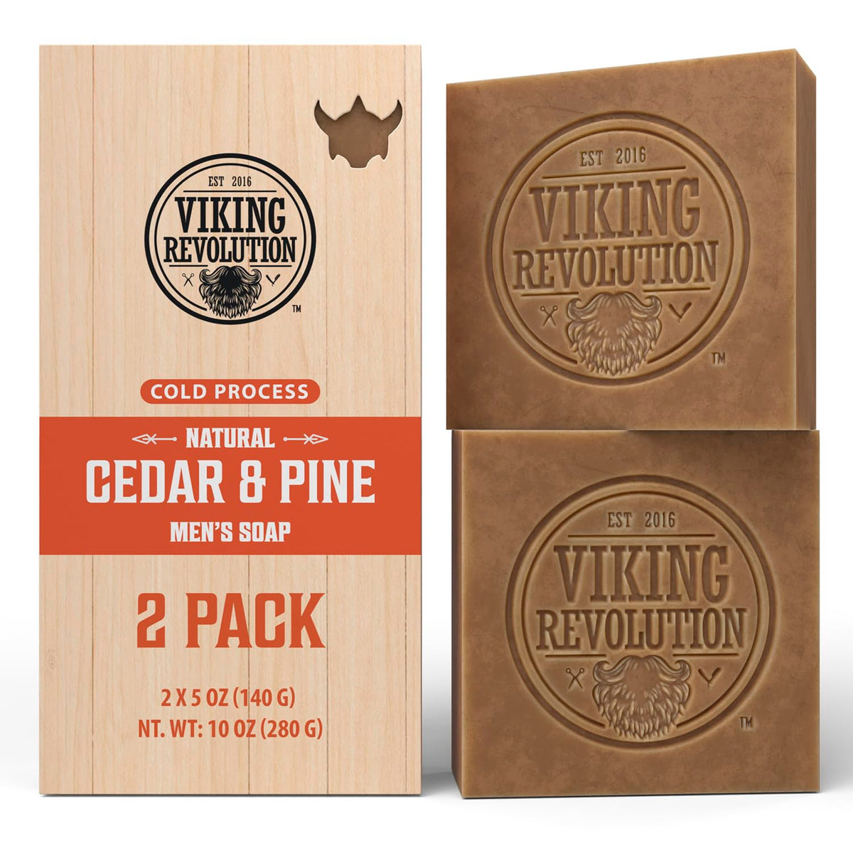 Viking Revolution front packaging showing cedarwood pine fragrance and two bars for convenience
