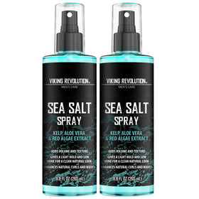 Viking Revolution front packaging shows two sea salt spray bottles and benefits
