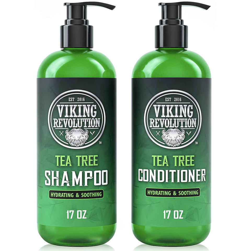 Viking Revolution front packaging showing tea tree set and clear labeling for scalp care