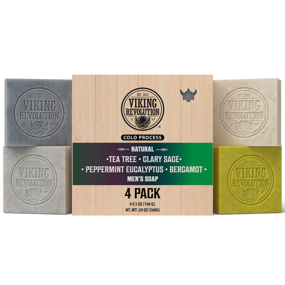 Viking Revolution front packaging showing the four-scent soap set and benefits