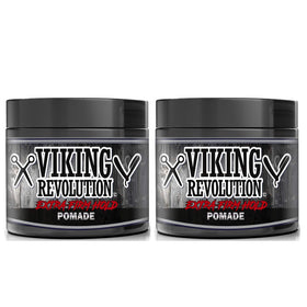 Viking Revolution front packaging showing two pomade tins and strong hold benefit
