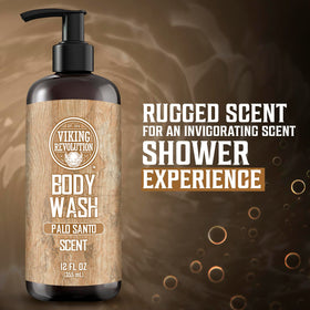 Viking Revolution bottle in shower scene conveying relaxing woodsy scent benefit