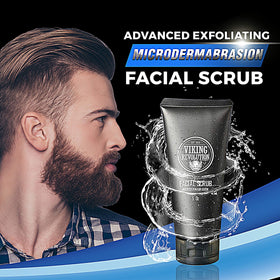Man using Viking Revolution scrub to wash face demonstrating pre-shave prep and smoother shave