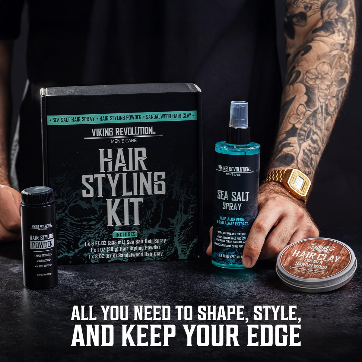 Viking Revolution styling kit on bathroom counter for daily routine