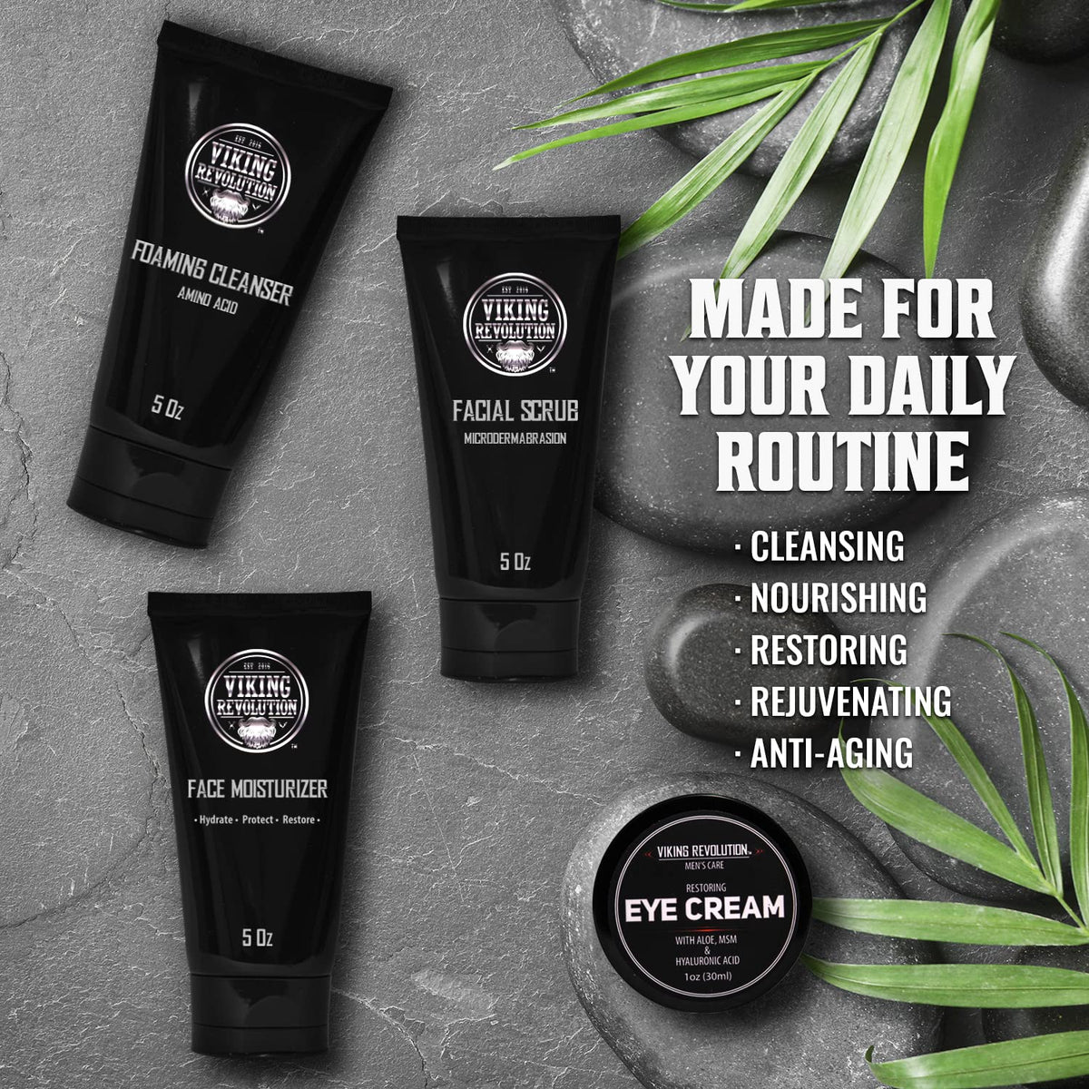 Viking Revolution kit arranged on bathroom shelf for simple daily grooming
