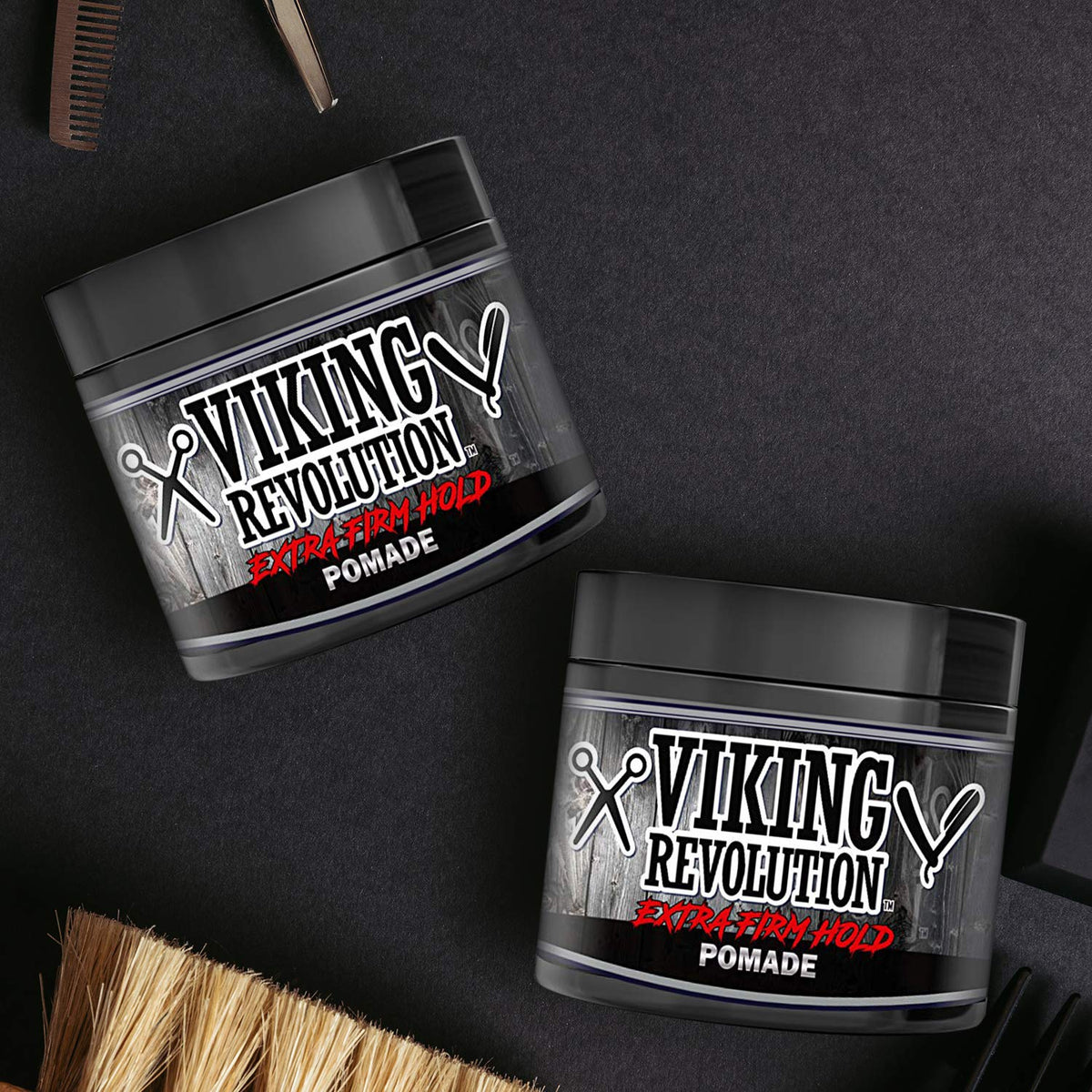 Viking Revolution pomade in hand being applied for easy styling benefit