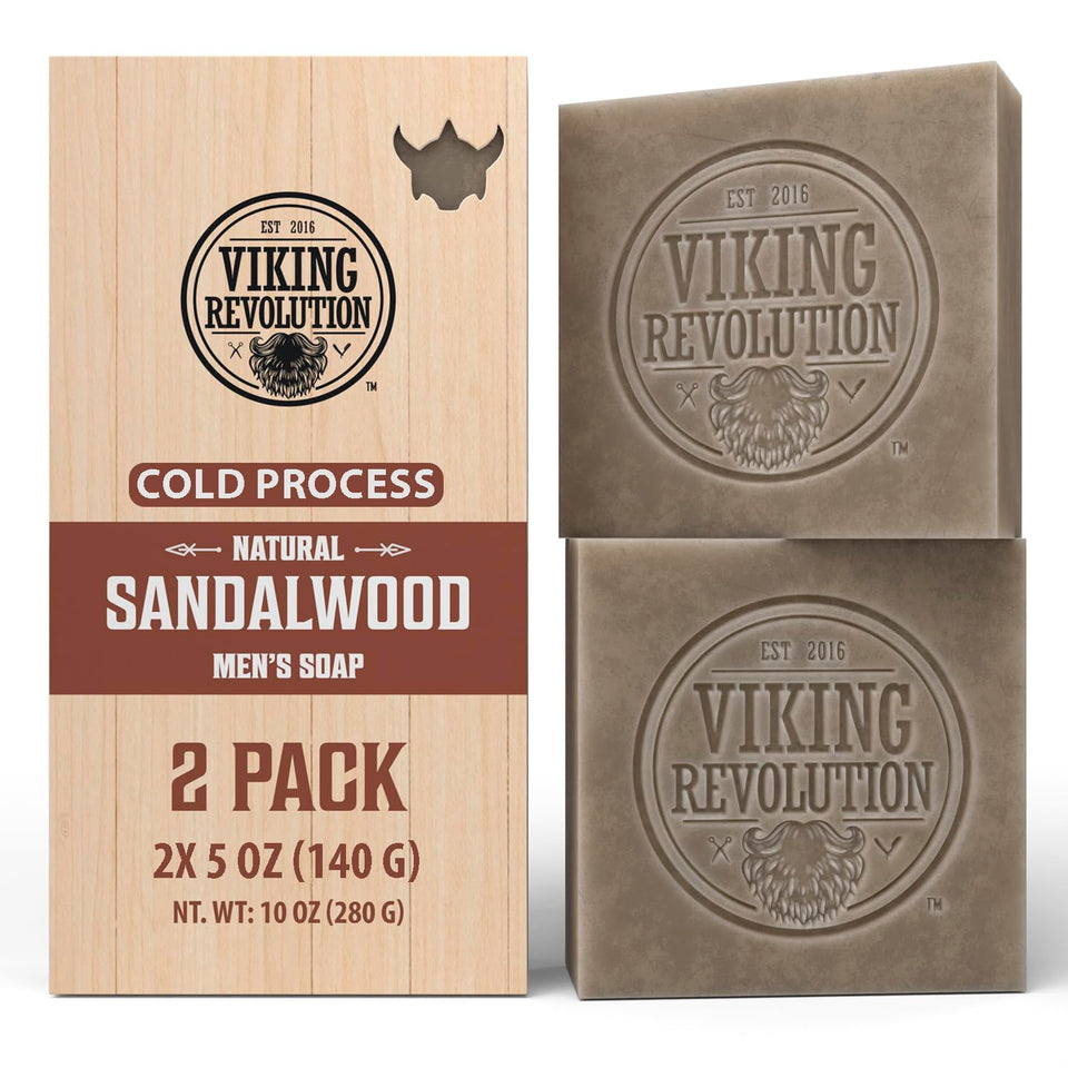 Viking Revolution front packaging showing sandalwood bar and benefits