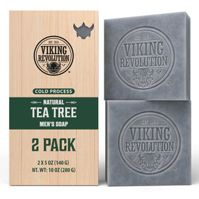 Viking Revolution front packaging showing two tea tree soap bars and benefits