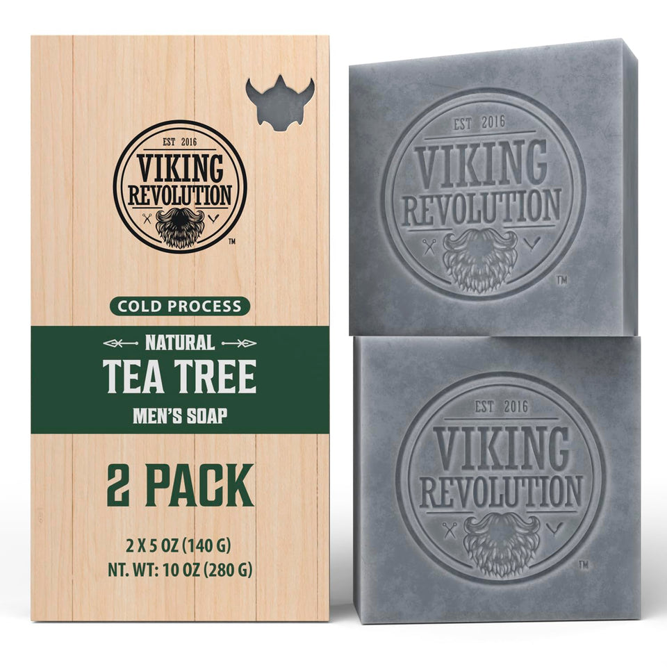 Viking Revolution front packaging showing two tea tree soap bars and benefits