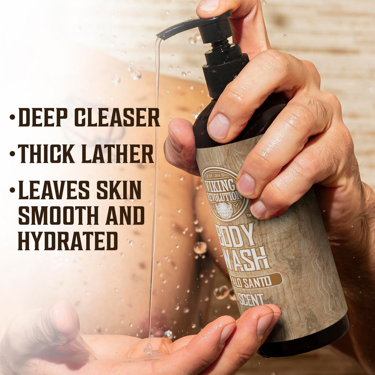 Viking Revolution texture foam on hand showing rich lather and gentle cleanse