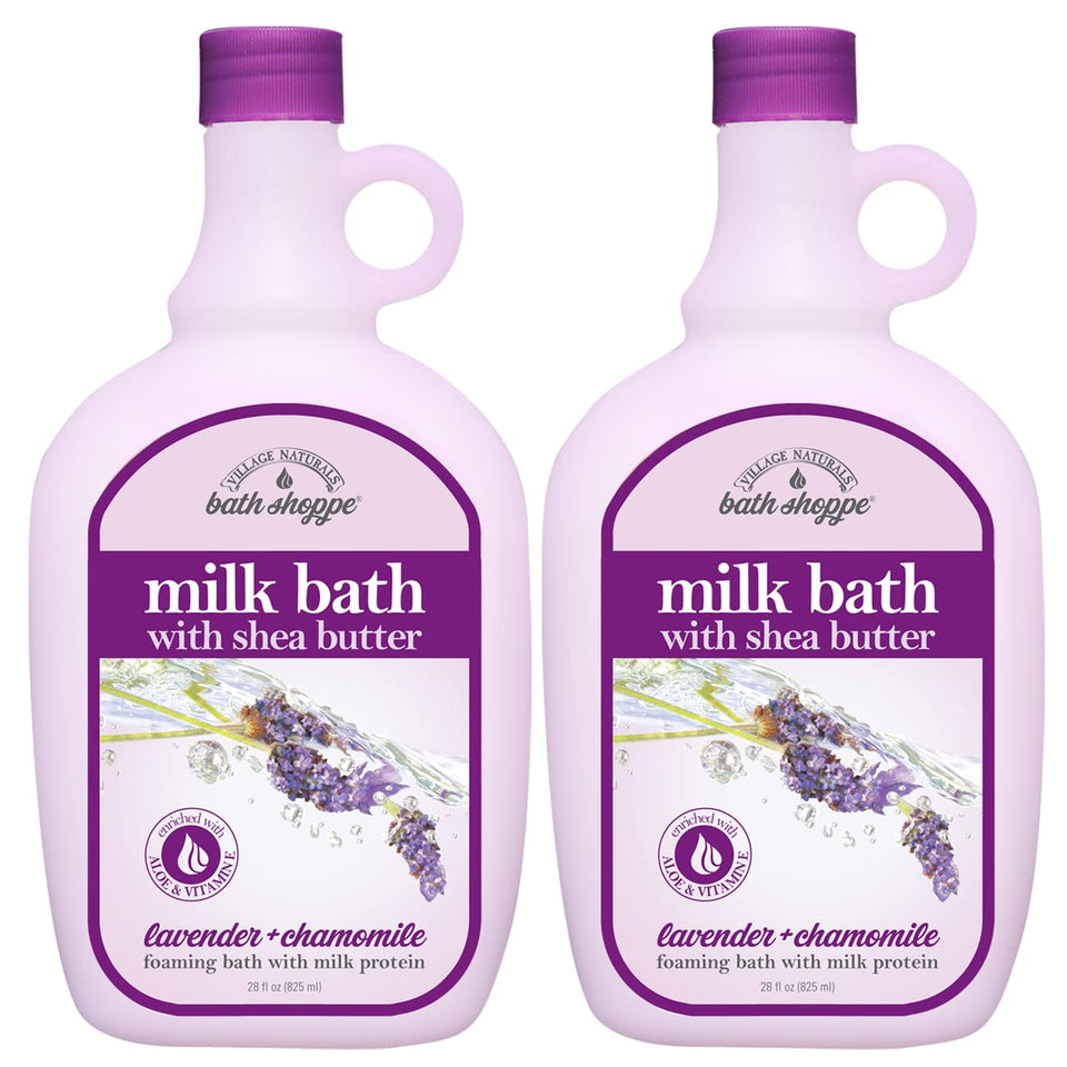 Village Naturals Bath Shoppe front packaging showing calming lavender scent and two bottles