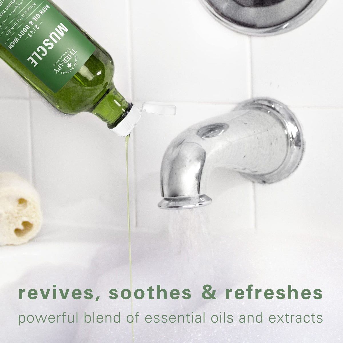 Village Naturals Therapy close-up label highlighting eucalyptus, spearmint, menthol