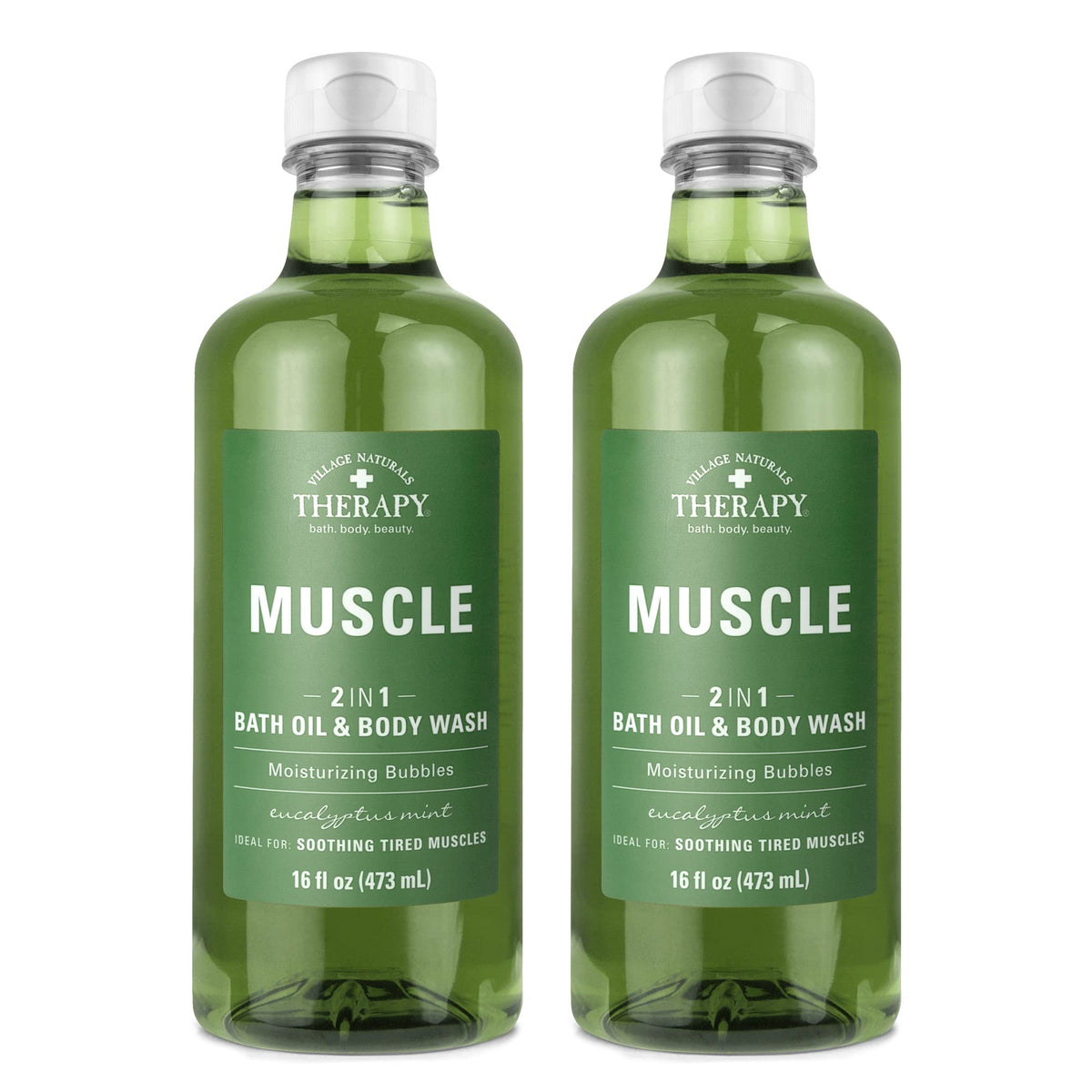 Village Naturals Therapy front packaging showing two green 16 oz bottles and benefits