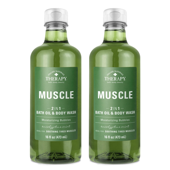 Village Naturals Therapy front packaging showing two green 16 oz bottles and benefits