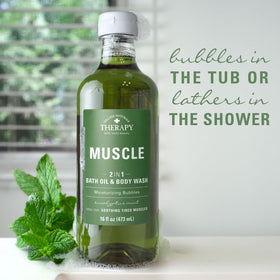 Village Naturals Therapy lifestyle bath scene with candles and relaxing benefits