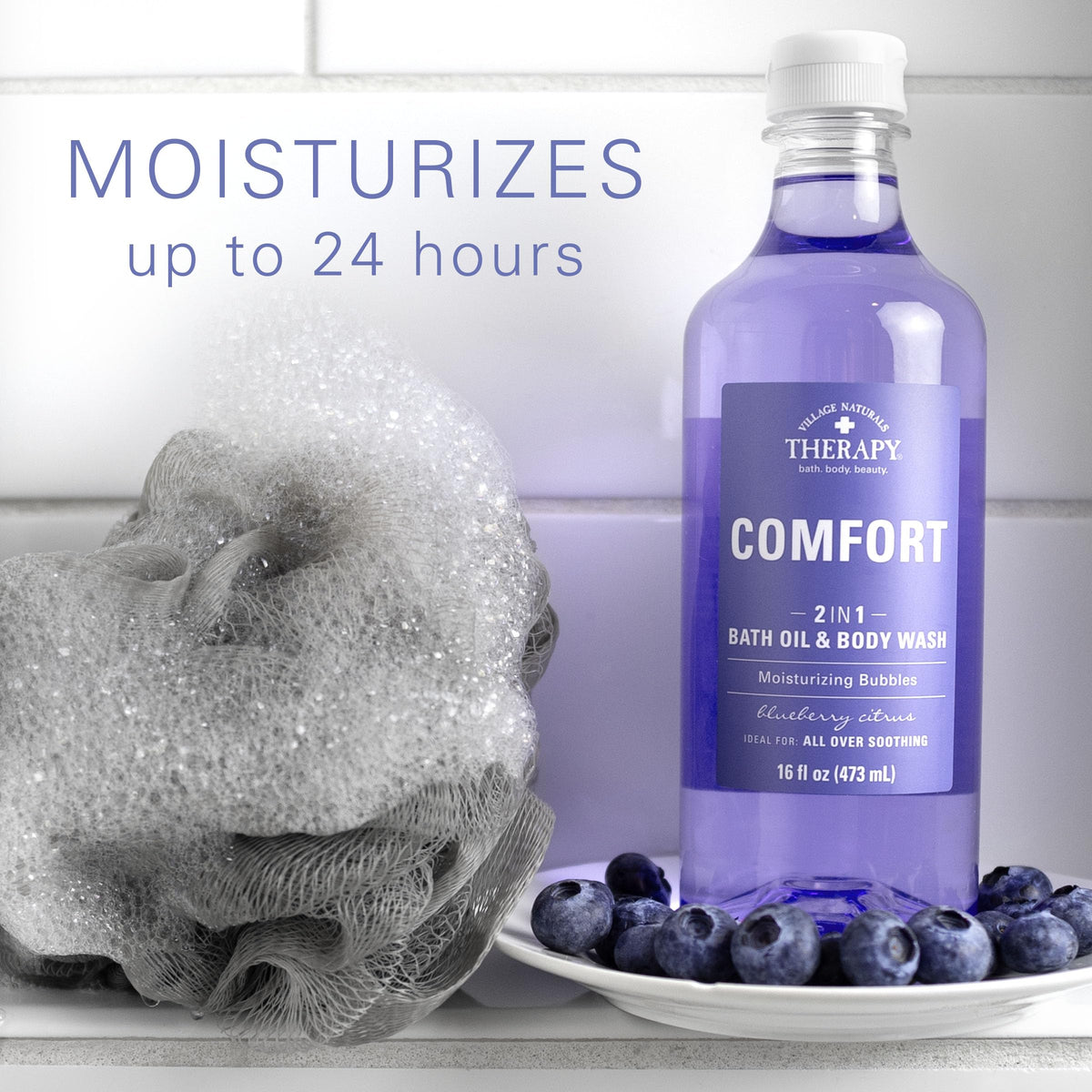 Village Naturals Therapy pouring foamy bath oil into tub for soothing soak benefit