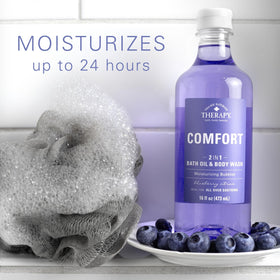 Village Naturals Therapy pouring foamy bath oil into tub for soothing soak benefit