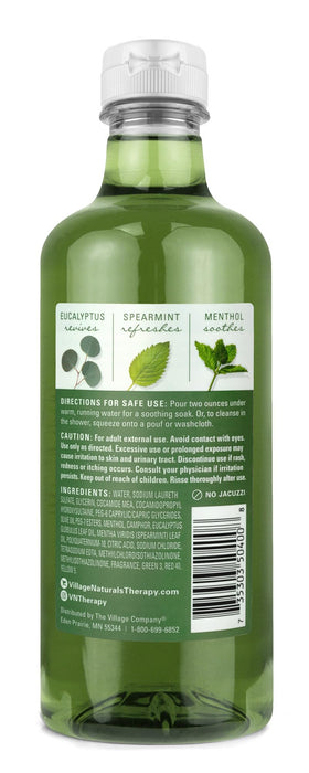 Village Naturals Therapy pouring bath oil into a running tub for soothing soak