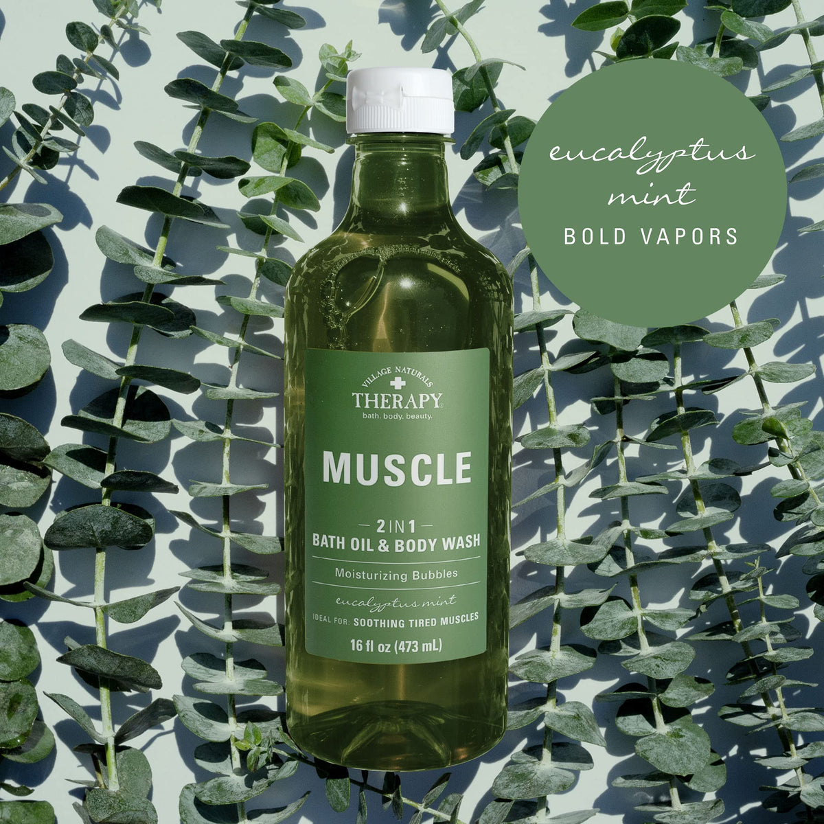 Village Naturals Therapy used on a shower pouf creating long-lasting minty foam