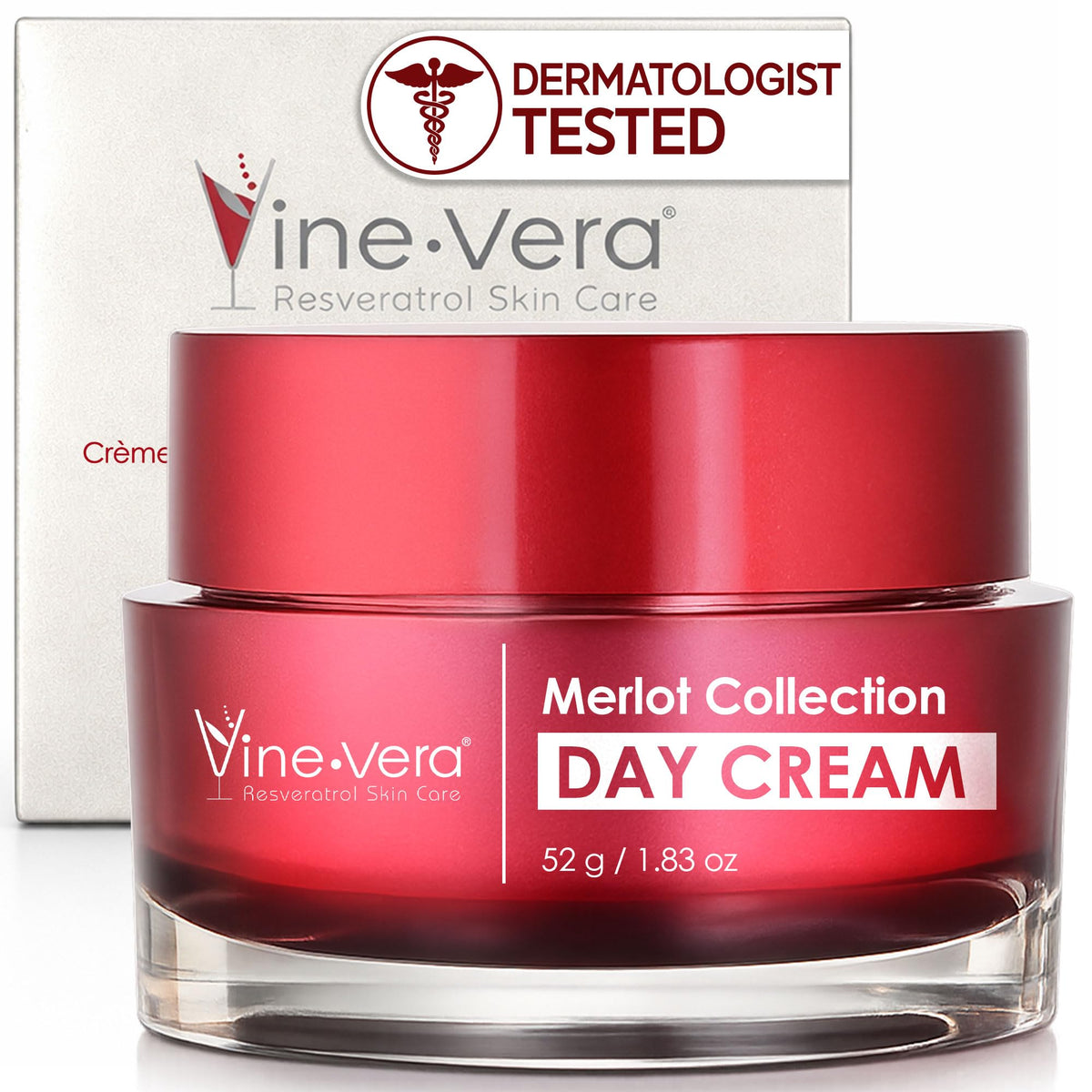 Vine Vera jar front view showing elegant packaging and daily cream