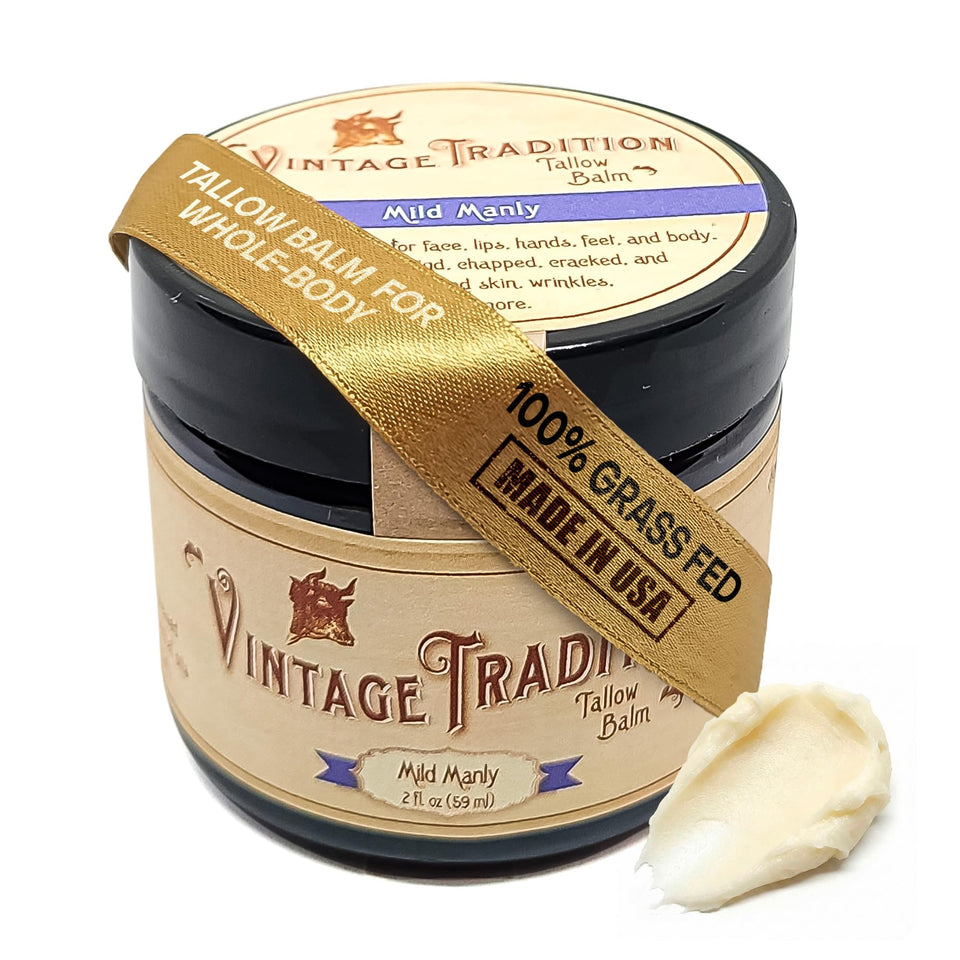 Vintage Tradition front tin showing compact balm for easy travel and pocket use