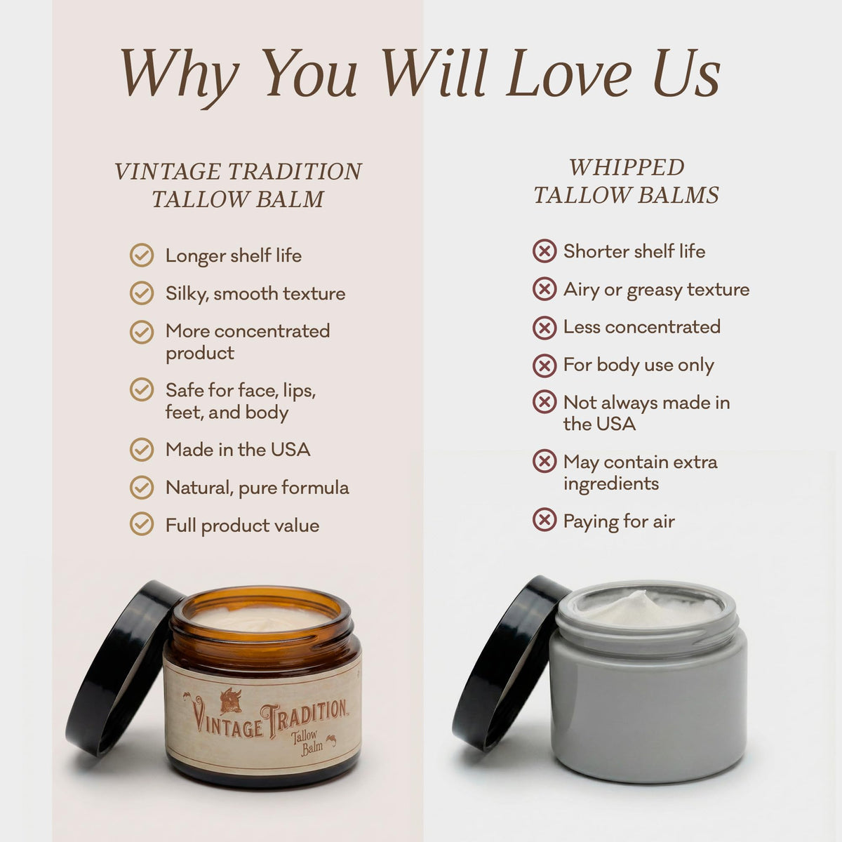 Vintage Tradition ingredients display with olive oil and tallow highlighting simple formula