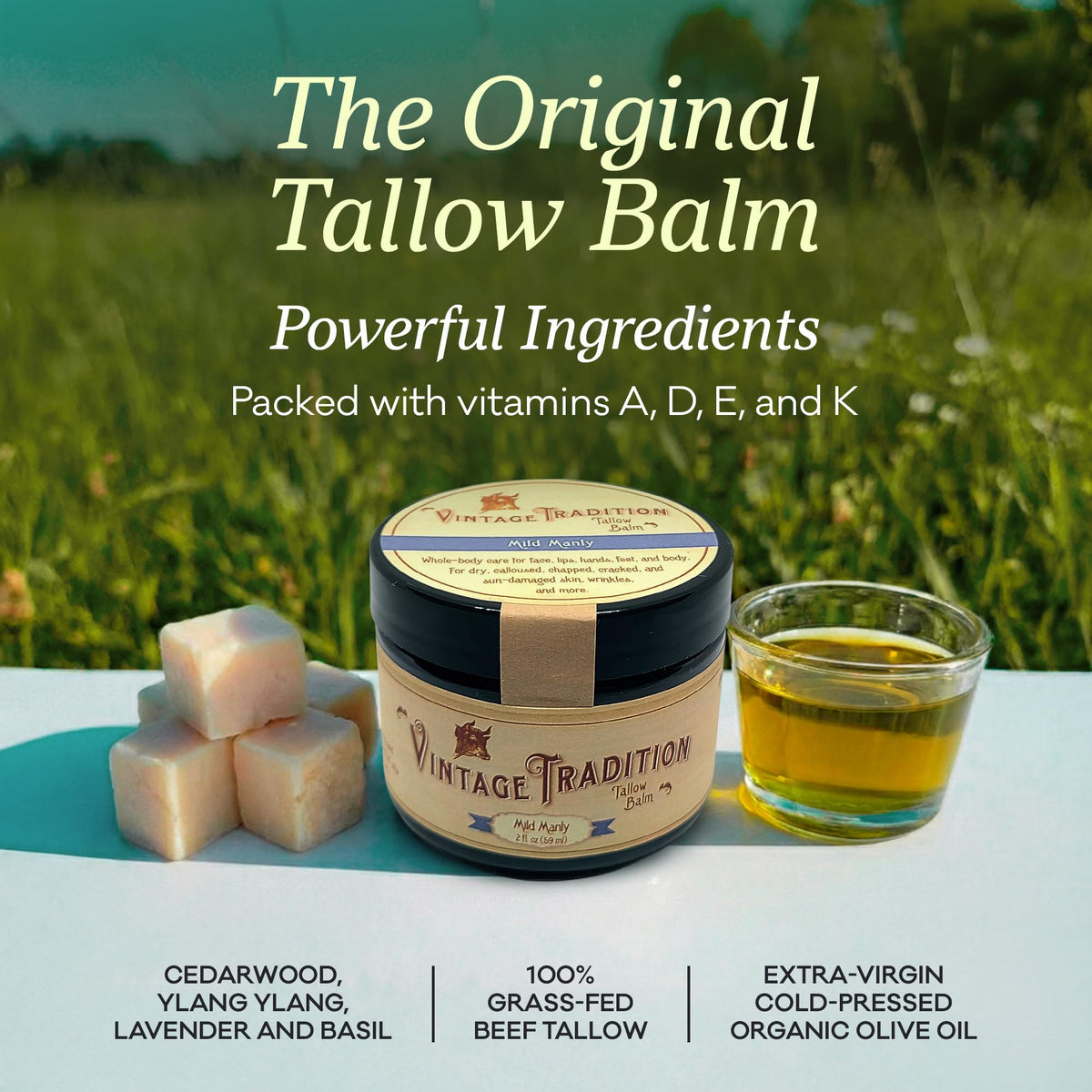 Vintage Tradition open tin with smooth tallow texture melting for quick absorption