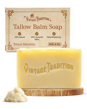 Vintage Tradition front packaging showing unscented tallow soap and natural claim