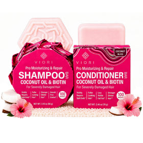 Viori shampoo and conditioner packaging showing eco-friendly bars and labels