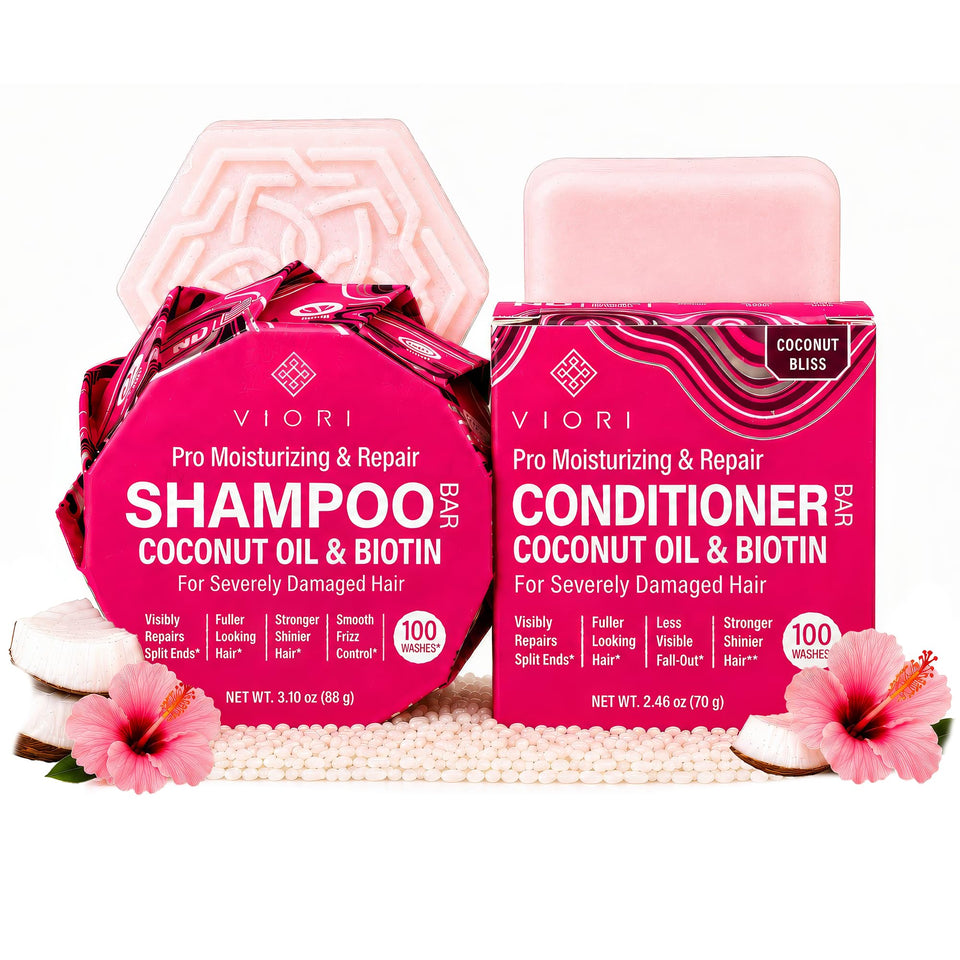 Viori shampoo and conditioner packaging showing eco-friendly bars and labels