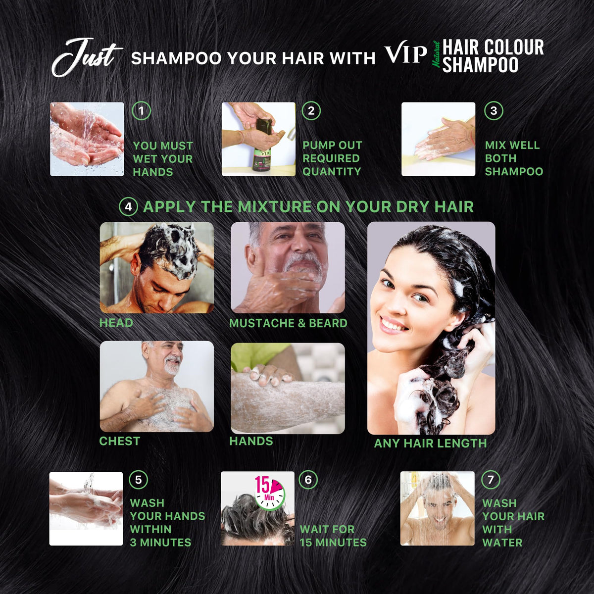 VIP HAIR COLOUR SHAMPOO bottle beside ruler indicating the 180 ml size clearly