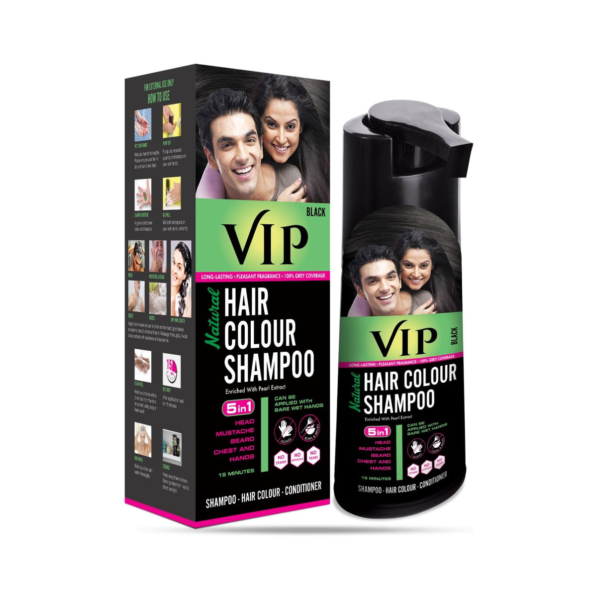 VIP HAIR COLOUR SHAMPOO front bottle view showing label and volume benefits